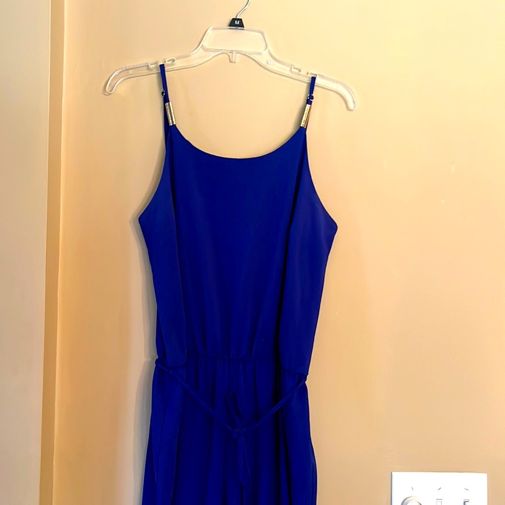 Charming Charlie royal blue jumpsuit with gold accents